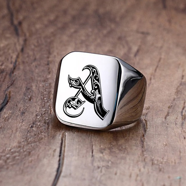 Retro Stainless Steel Engraved Ring (A-M) - Wurlis