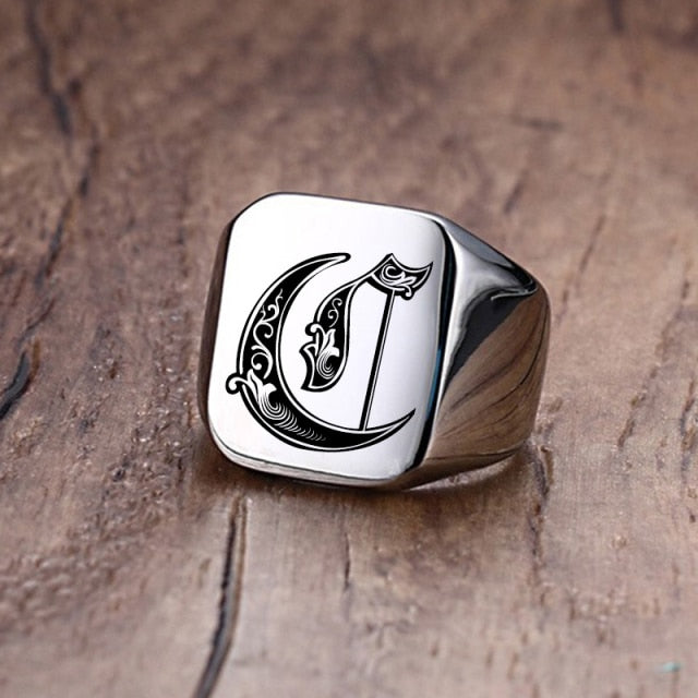 Retro Stainless Steel Engraved Ring (A-M) - Wurlis