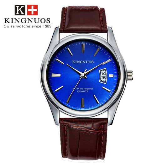 KINGNUOS Waterproof Dated Leather Strap Luxury Wristwatch - Wurlis