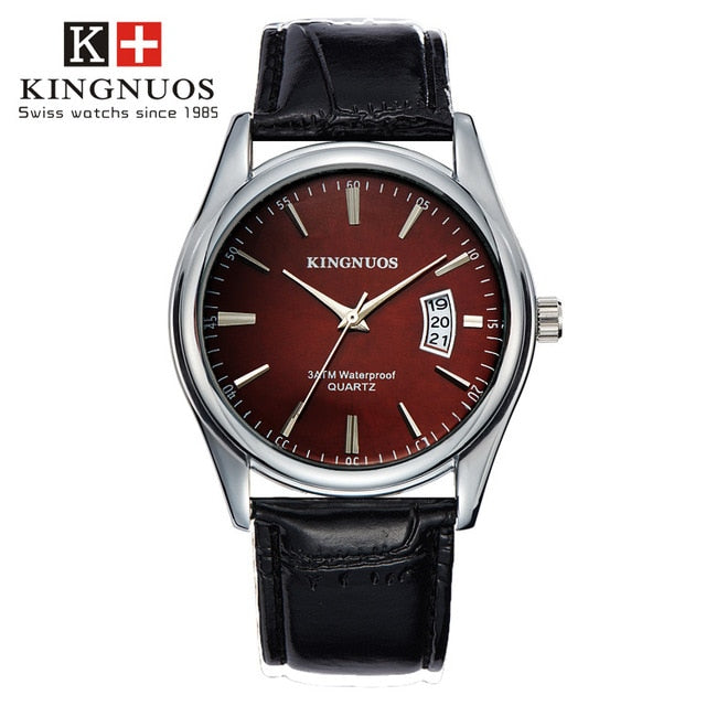 KINGNUOS Waterproof Dated Leather Strap Luxury Wristwatch - Wurlis