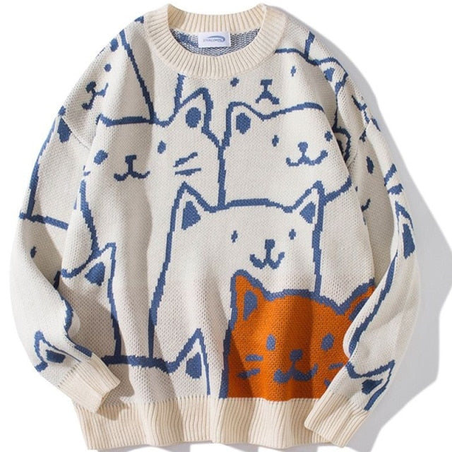 Knitted Vintage Cartoon Cat Sweater - Wurlis