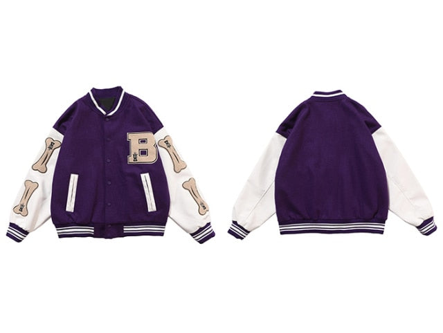 Harajuku Bone Patchwork Bomber Varsity Jacket - Wurlis